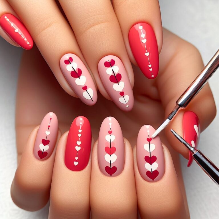 Sweetheart Nails: Red and Pink Design with Hearts for Valentine’s Day