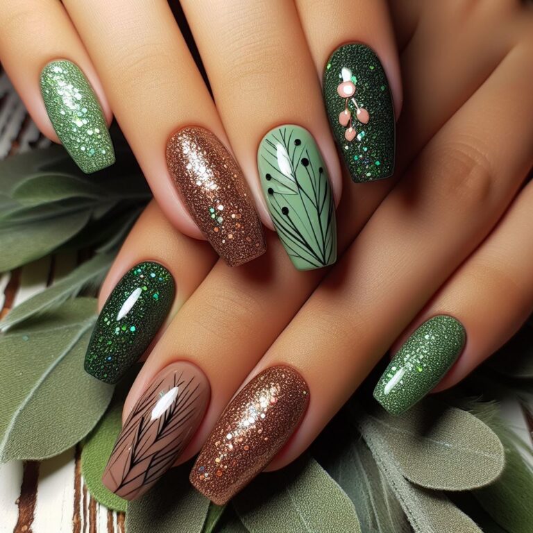 Branching Out: Chic Green and Brown Nail Art Featuring Glitter and Twig Drawings