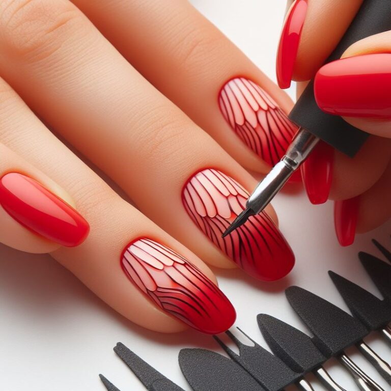 Ruby Ripples: Red Gradient Nails Enhanced with Delicate Lines
