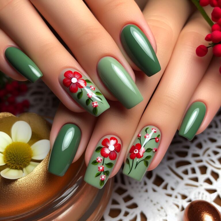 Nature’s Harmony: Green Nails Enhanced with Red Floral Details