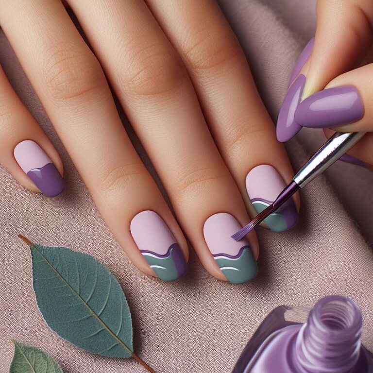 Flowing Grace: Green and Purple Nail Design with Gentle Waves