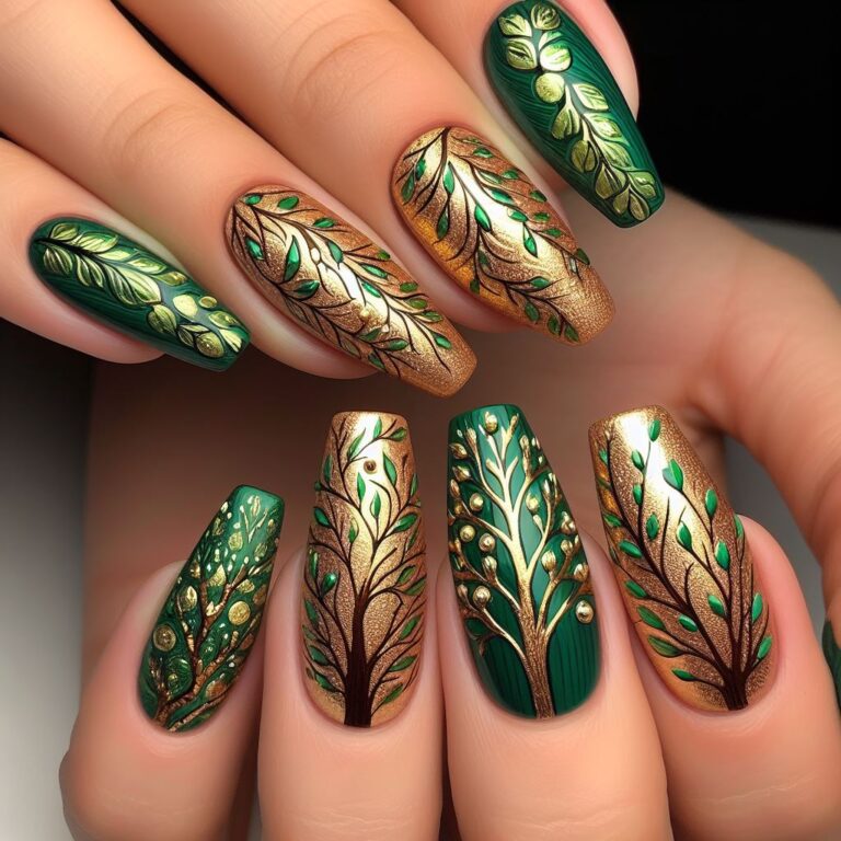 Arboreal Elegance: Green and Gold Nails Featuring Stunning Tree Designs