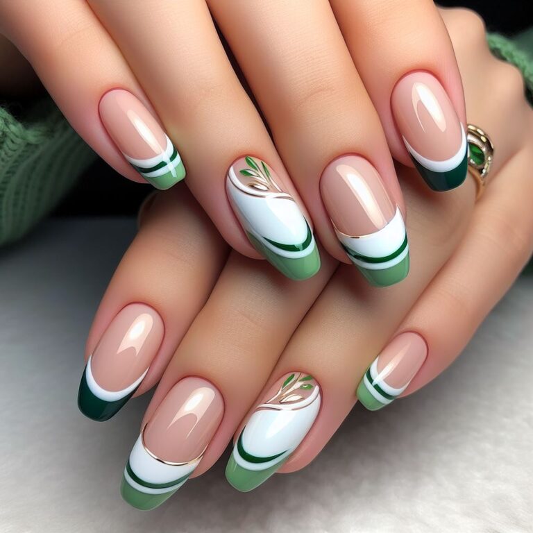 Green & White French Tip Nails with Leafy Accents: Chic Nail Idea