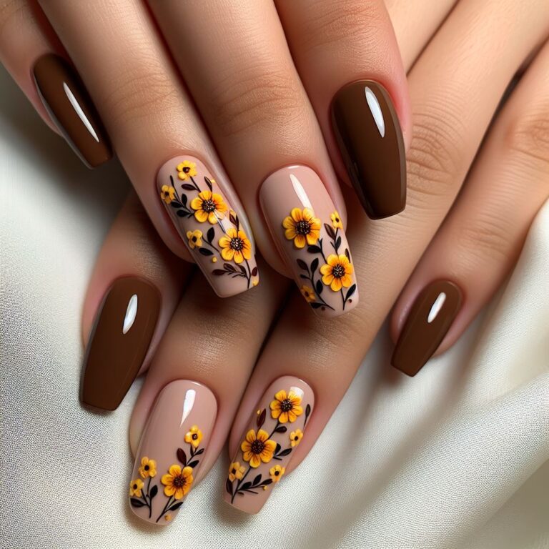 Autumn Blossoms: Brown Nails Adorned with Yellow Florals