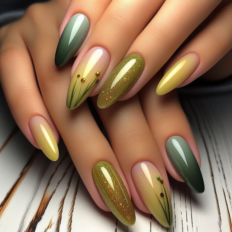 Enchanting Elegance: Sophisticated Yellow and Green Nail Art with Shimmer and Leaf Accents