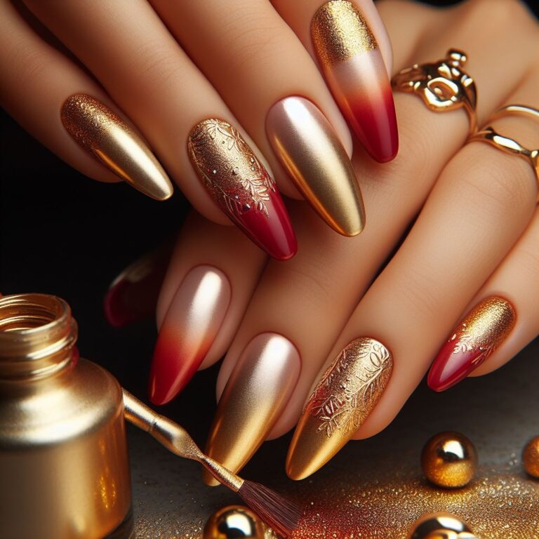 Golden Sunset Gradient: Red and Gold Nail Design with Glitter