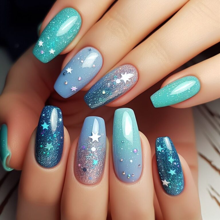 Starlight Symphony: Turquoise and Blue Nail Design Sparkling with Stars