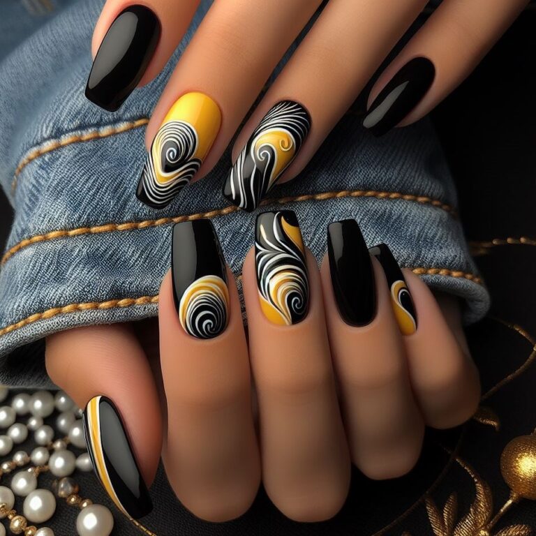 Wave Perfection: Black and Yellow Nail Art Trend