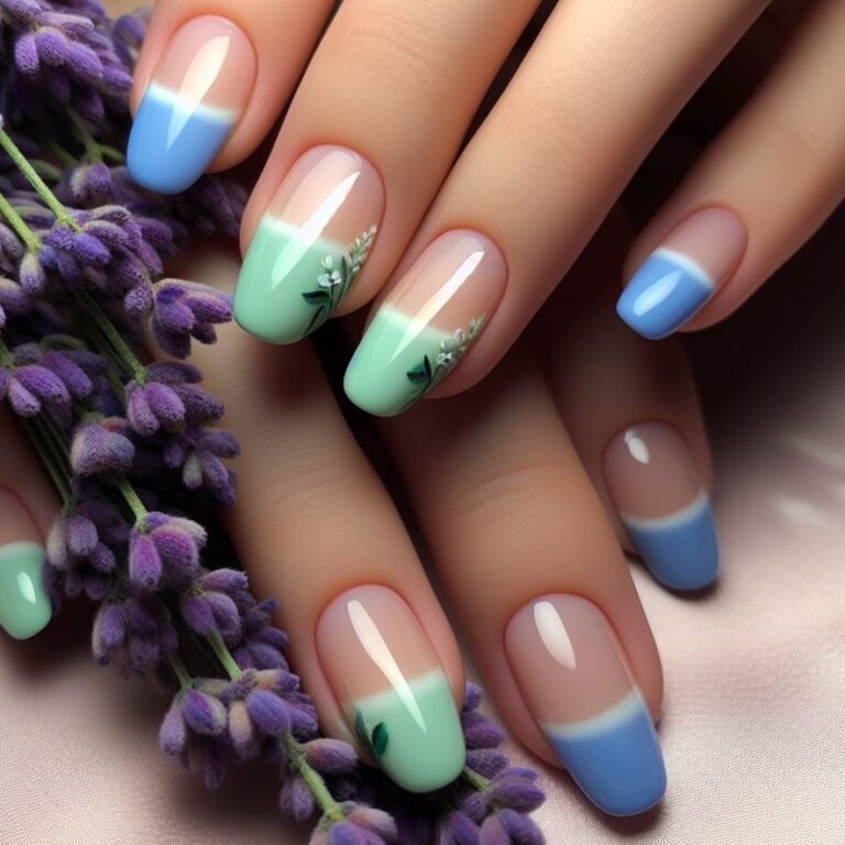 Floral Tips: Green and Blue Nail Design with Blossoming Accents