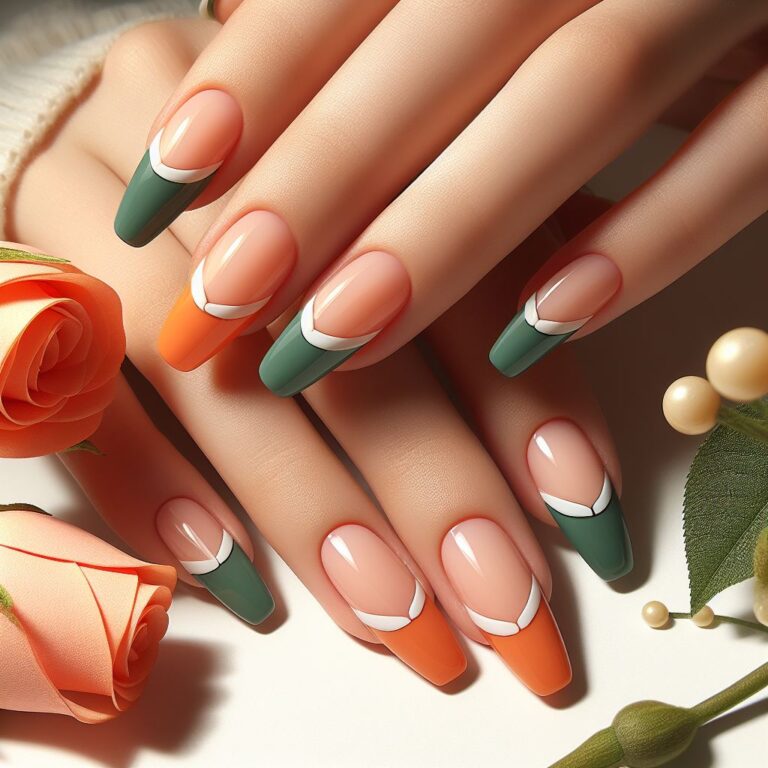 Vibrant French: Nails with Orange and Green French Tips