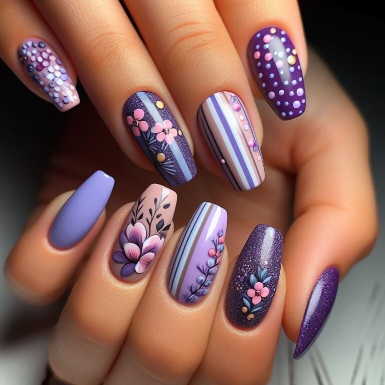 Vibrant Violet Trio: Nail Design with Flowers, Dots, and Stripes