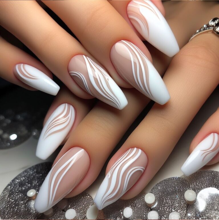 White Wave Elegance: Stylish Nail Art with Curved Lines