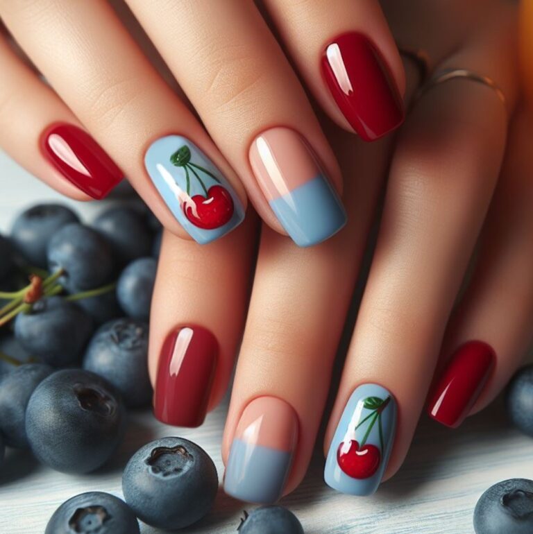 Cherry Blue & Red Delight: Nail Art Inspired by Cherries