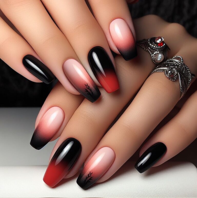 Mysterious Red and Black Ombre: Nail Design Ideas with Twig Silhouettes