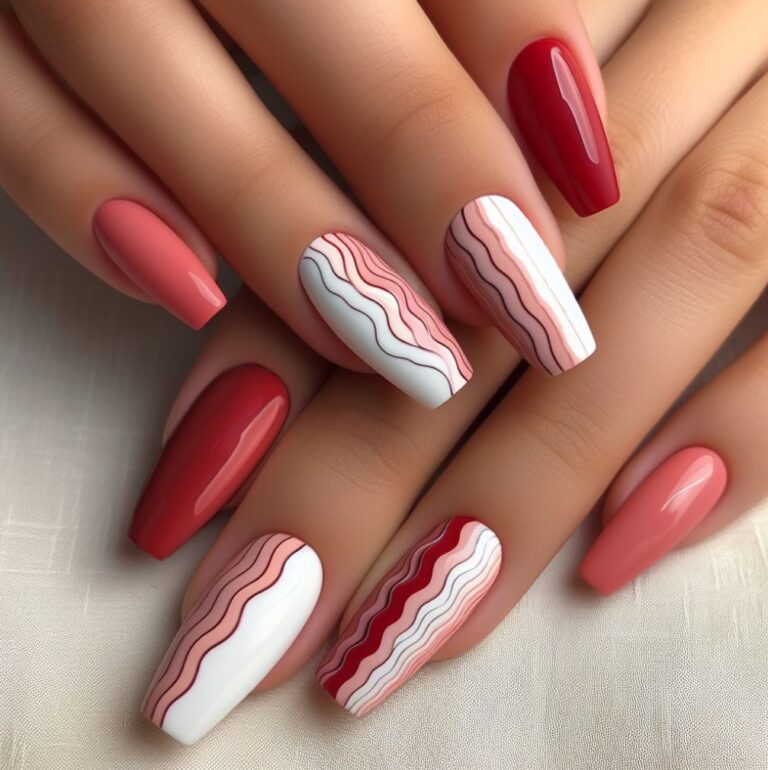 Rosy Ripples: Red and Pink Nail Art with Waves