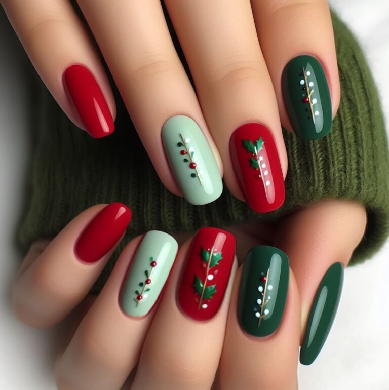 Christmas Elegance: Green and Red Holiday Nail Design Idea