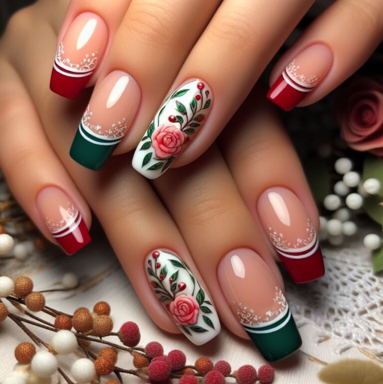 Roses and French Tips: Green and Red Nail Art Inspiration