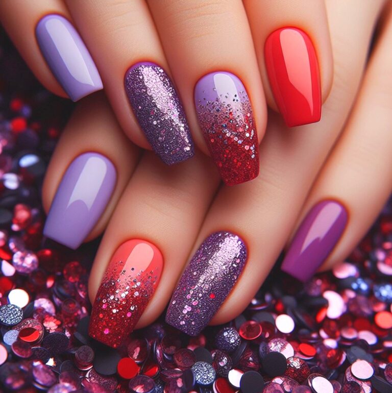 Royal Sparkle: Red and Purple Glitter Nail Art Inspiration