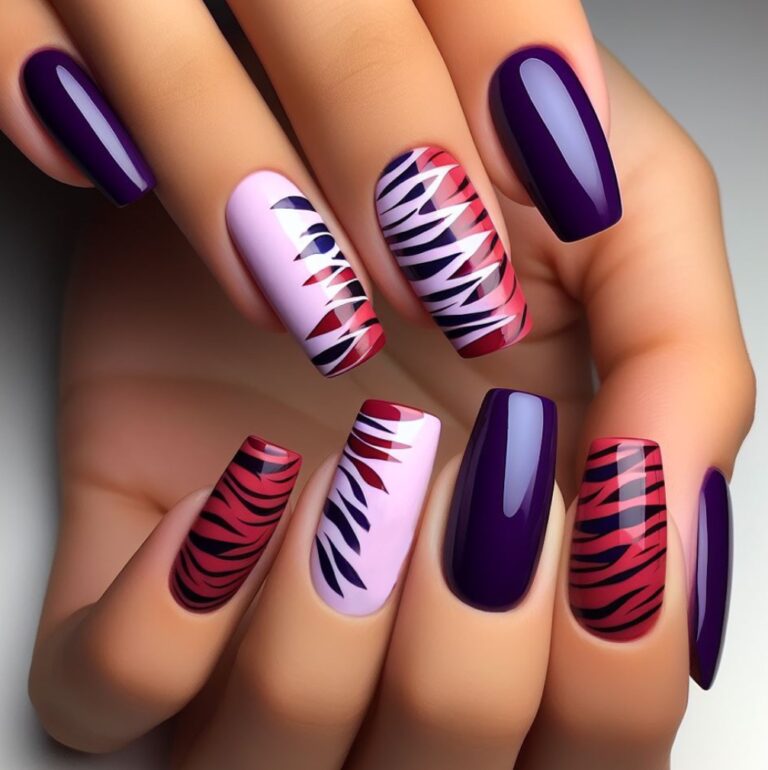 Safari Chic: Red and Purple Animal Print Nail Art