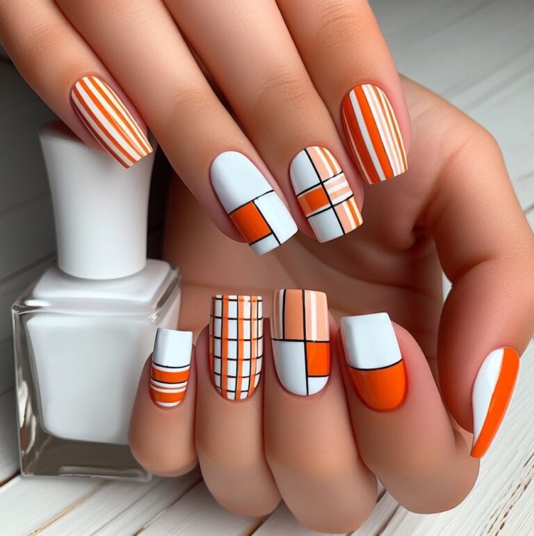 Orange Square Chic: Geometric Nail Design with Orange and White Squares