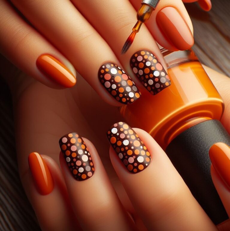 Autumn Dots: Brown and Orange Polka Dot Nail Design