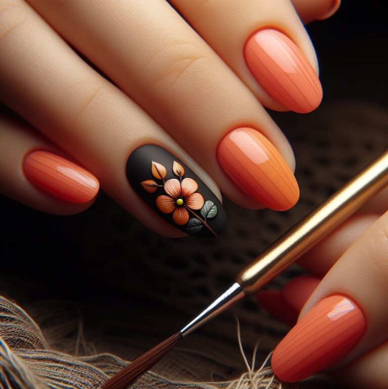 Midnight Garden: Stylish Orange and Black Nails with a Floral Touch