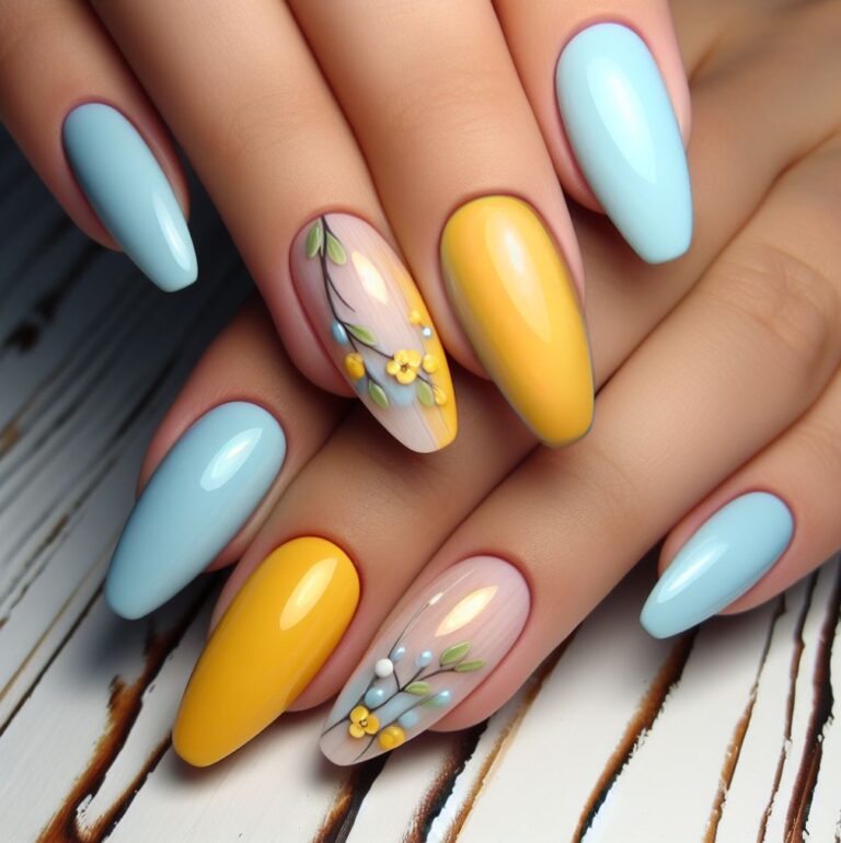 Serene Garden: Blue and Yellow Nail Design with Delicate Branches and Flowers
