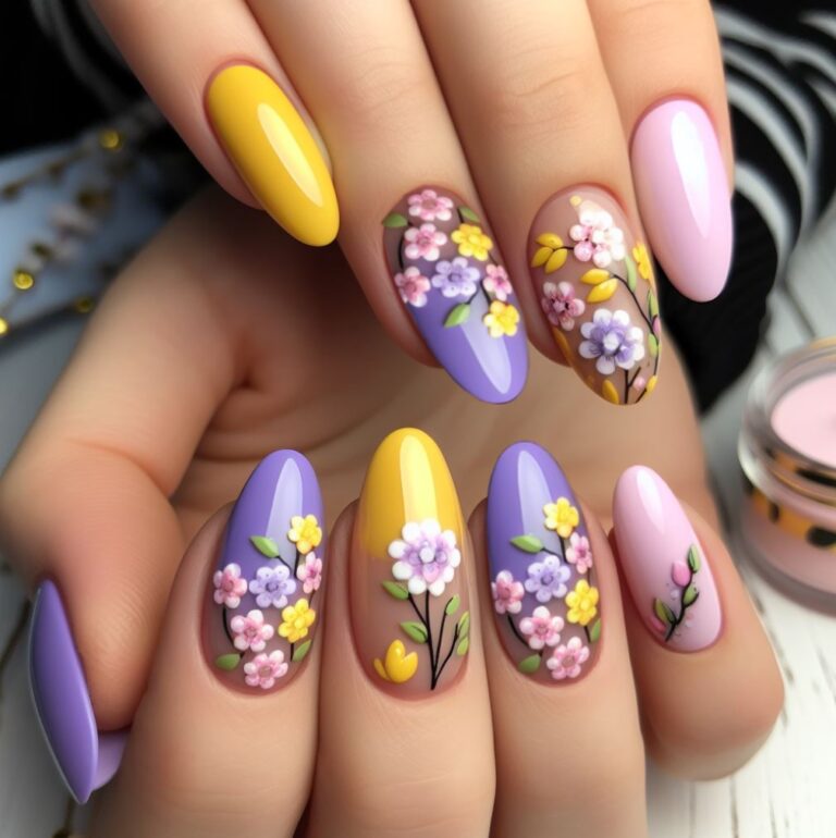 Spring Serenity: Yellow and Purple Nail Designs Infused with Spring Flowers