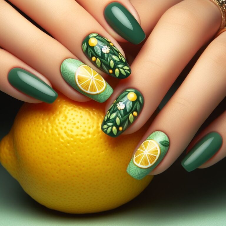 Lemonade Love: Vibrant Yellow and Green Nail Art with Citrus Twist