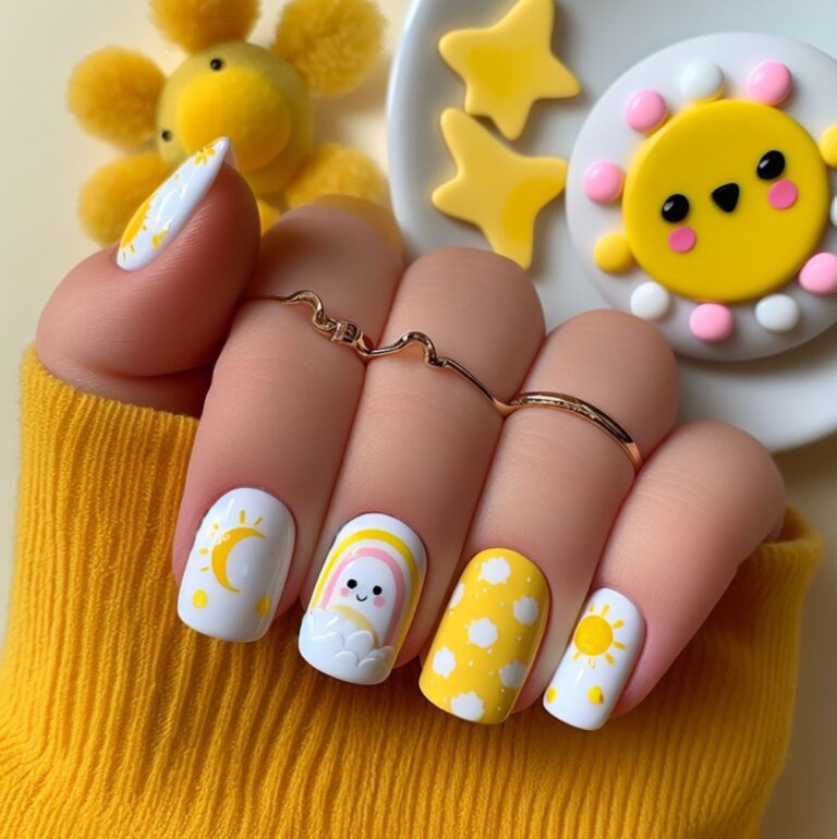 Sunny Skies and Rainbows: Adorable White and Yellow Nail Designs for Kids