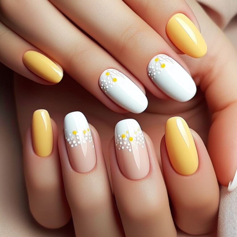 Sunshine Sprinkles: Chic White and Yellow Nail Design Featuring Delicate Dots