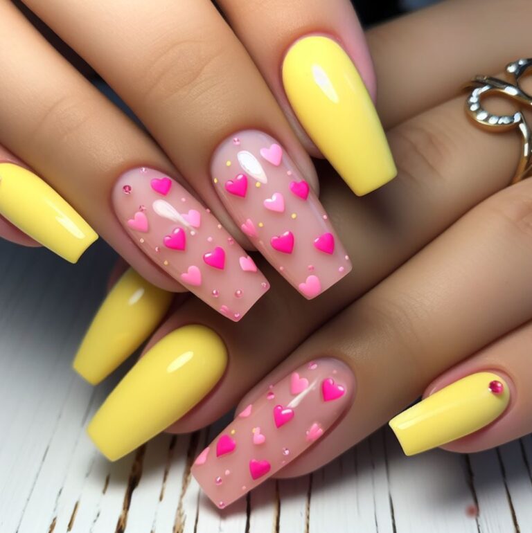 Chic Romance: Yellow Nail Art with Pink Heart Embellishments