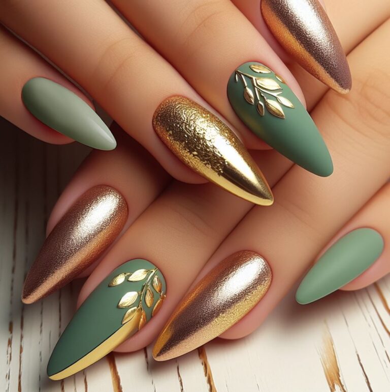 Golden Garden: Green and Gold Nail Art with Exquisite Leaf Motifs