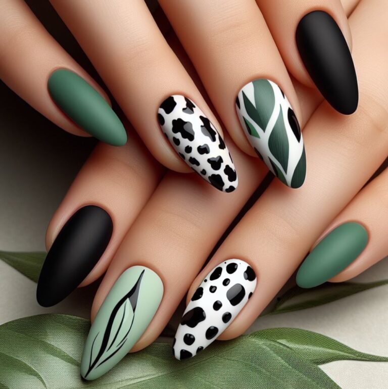 Animalistic Elegance: Green and Black Nail Art Featuring Cow-Inspired Patterns and Leaves