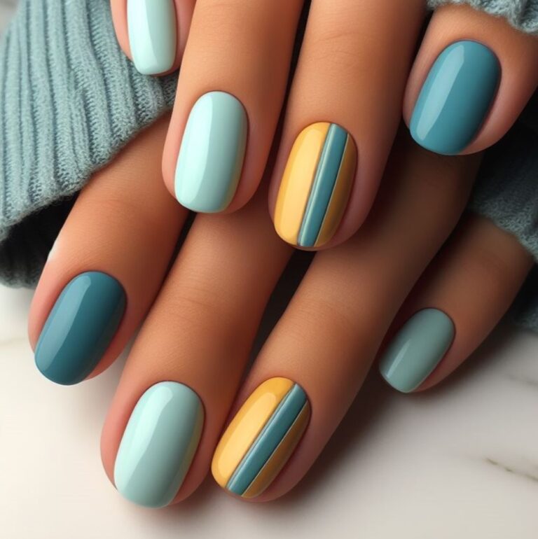 Sunny Vibes: Minimalist Turquoise and Yellow Nail Design