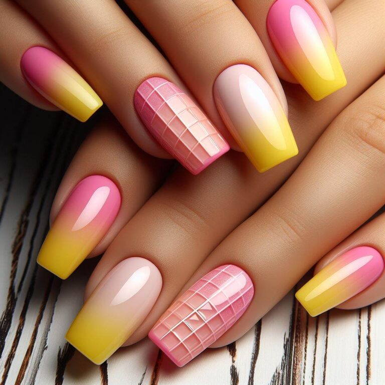 Block Party: Yellow and Pink Gradient Nail Art with Cubic Texture