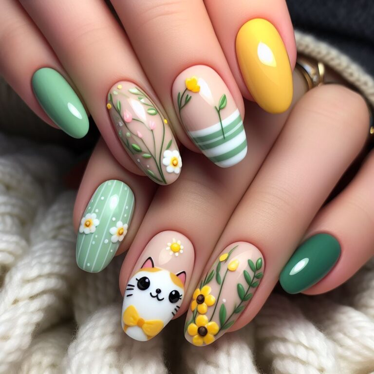 Meow-tiful Garden: Playful Yellow and Green Nail Design with Cute Cat Among FlowersMeow-tiful Garden