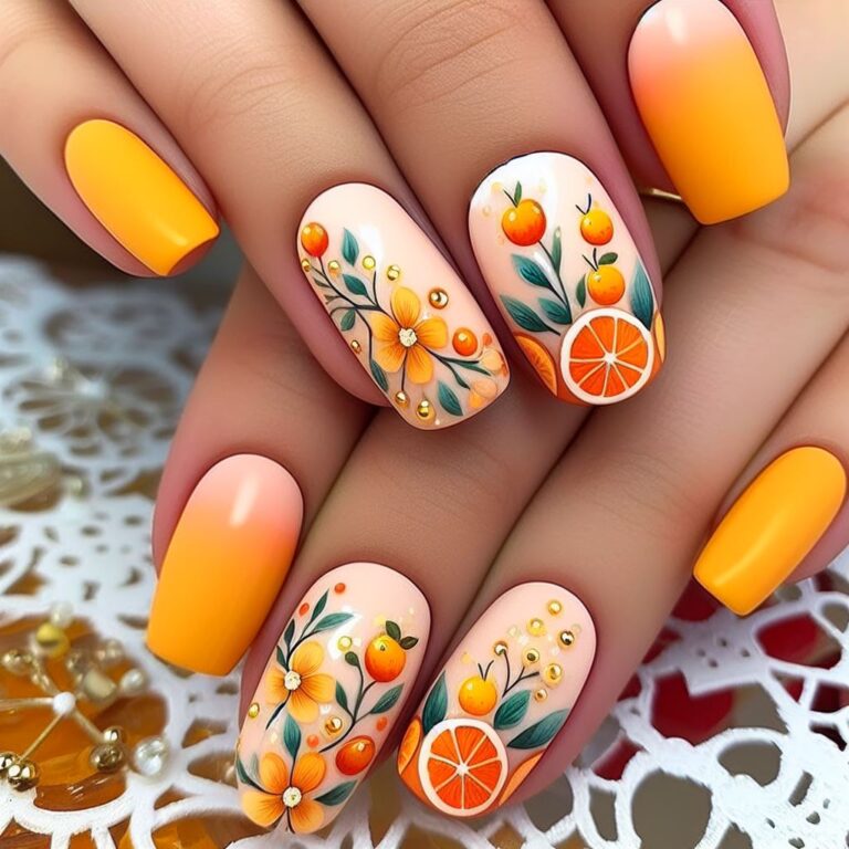 Tropical Citrus Splash: Orange and Yellow Nail Design with Fruit Motifs