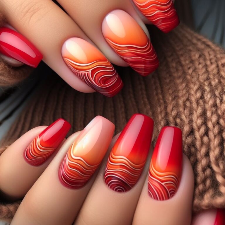 Sunset Swirls: Orange and Red Nail Art with Waves