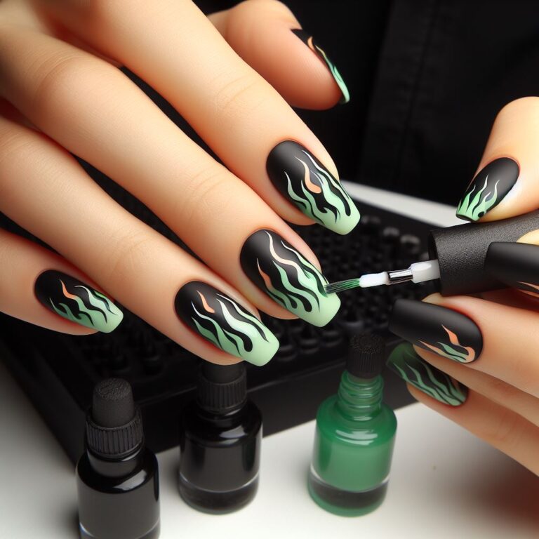 Ignite Your Style: Green and Black Nails with Bold Flame Patterns