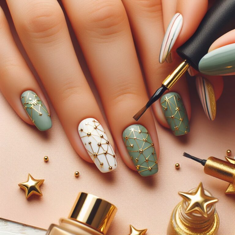 Astral Ambiance: Green Nail Design Enhanced with Intricate Golden Constellations