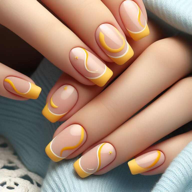 Sunbeam Swirls: Yellow Nails Adorned with Delicate Curved Accents