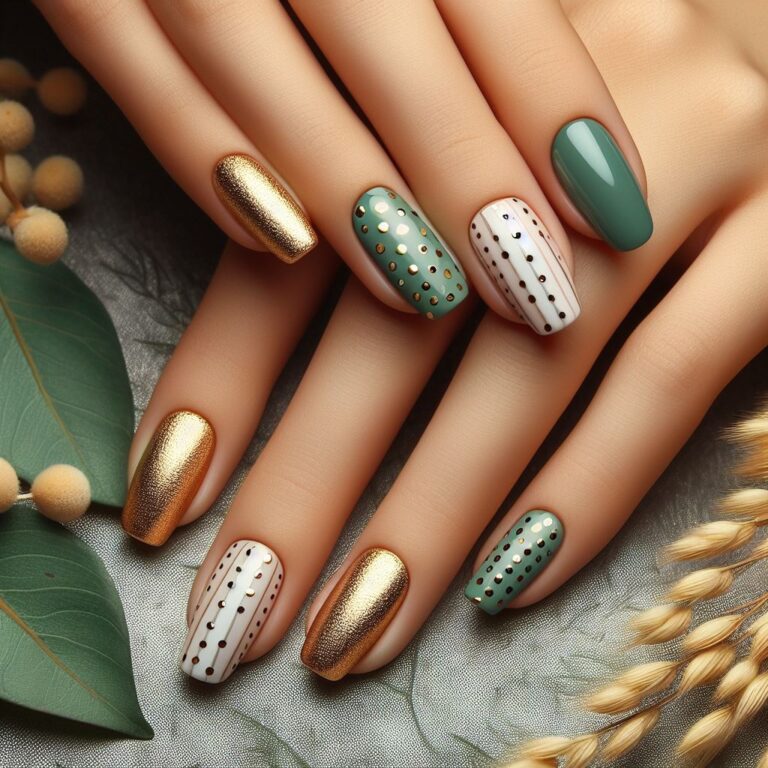 Polished Perfection: Green and Gold Nails Adorned with Delicate Dots