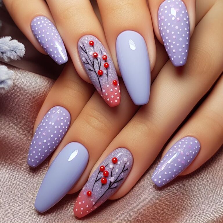 Lavender Bliss: White Polka Dots and Red Accents Nail Design