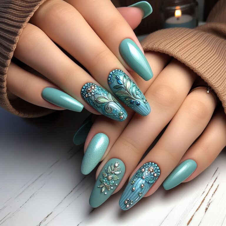 Turquoise Floral Glamour: Elegant Nail Art with Sparkling Floral Accents