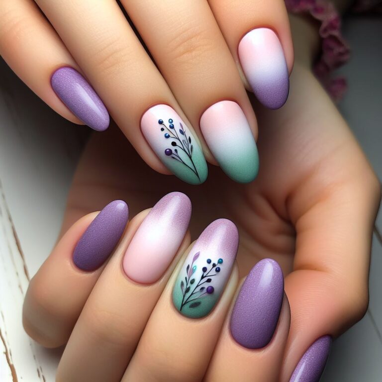 Nature’s Gradient: Green and Purple Ombre Nails Adorned with Twig Patterns