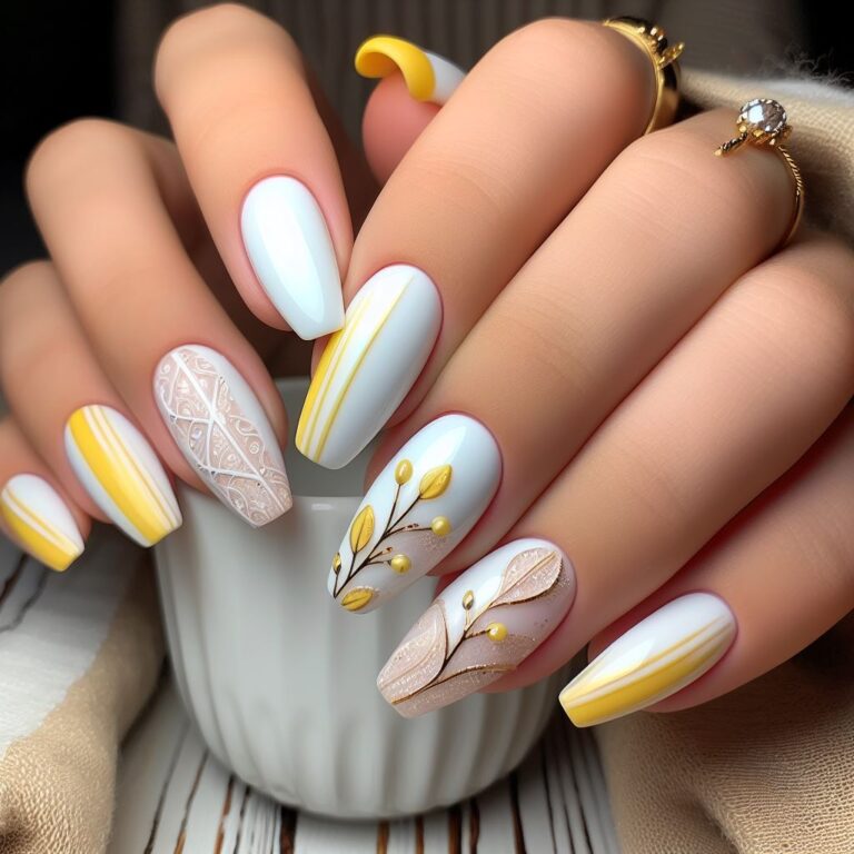 Glowing Gardens: White and Yellow Nail Design Accented with Elegant Twig Patterns and Glitz