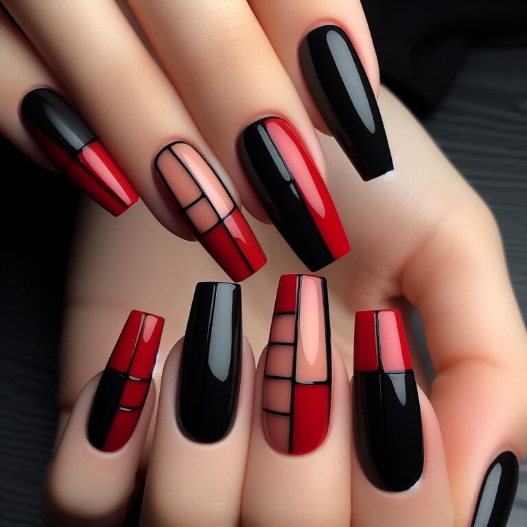 Stylish Square Geometry: Red and Black Nail Design Idea