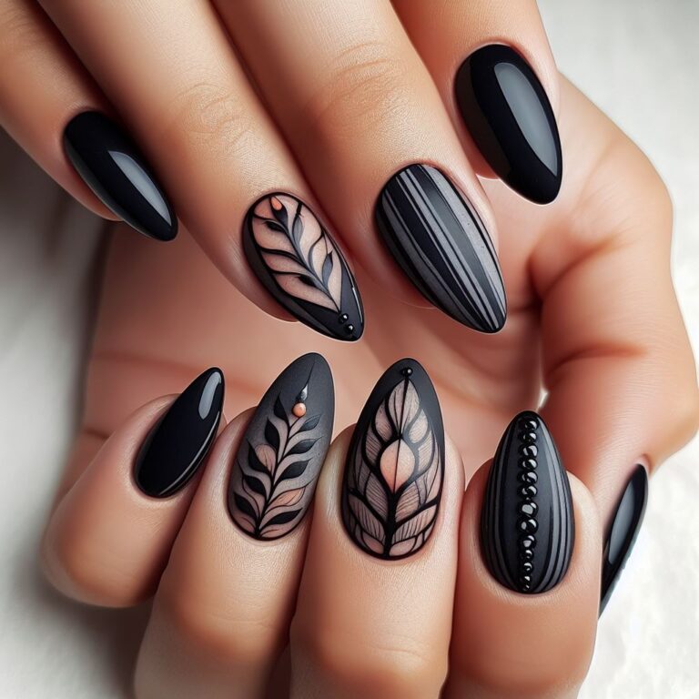 Gothic Garden Chic: Nail Design with Dark Black Petals