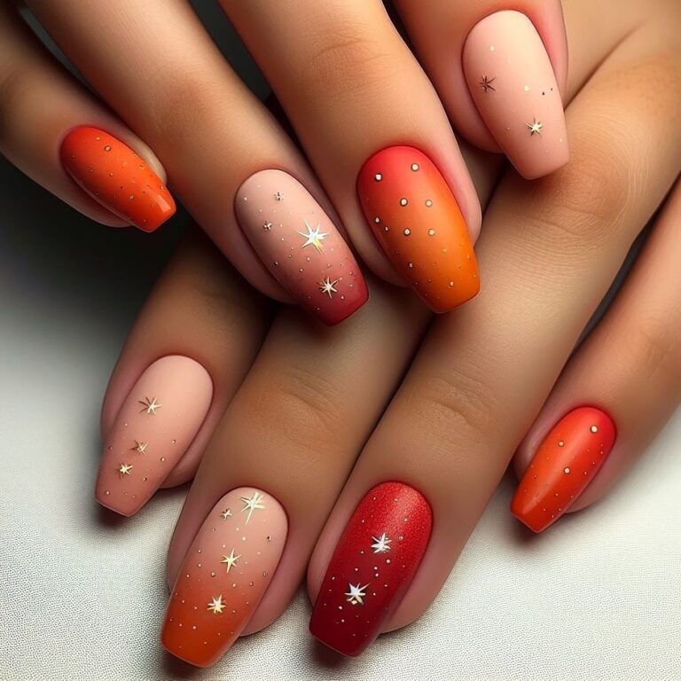 Starry Sunset: Orange and Red Nail Design with Stars